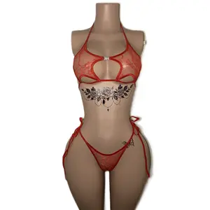 Custom Exotic Dancewear Set - Red star Strappy Top & bottoms with mesh fabric Design and side tie Adjustable Straps Comfortable Fit for Dancing