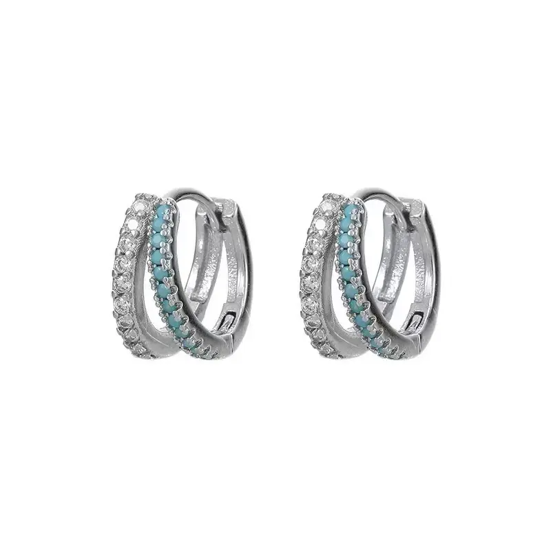 Women's Blue & White Double-Row Huggie Earrings - 925 Silver Needle, Sparkly Turquoise Stones, Lightweight Costume Jewelry Gift for Women