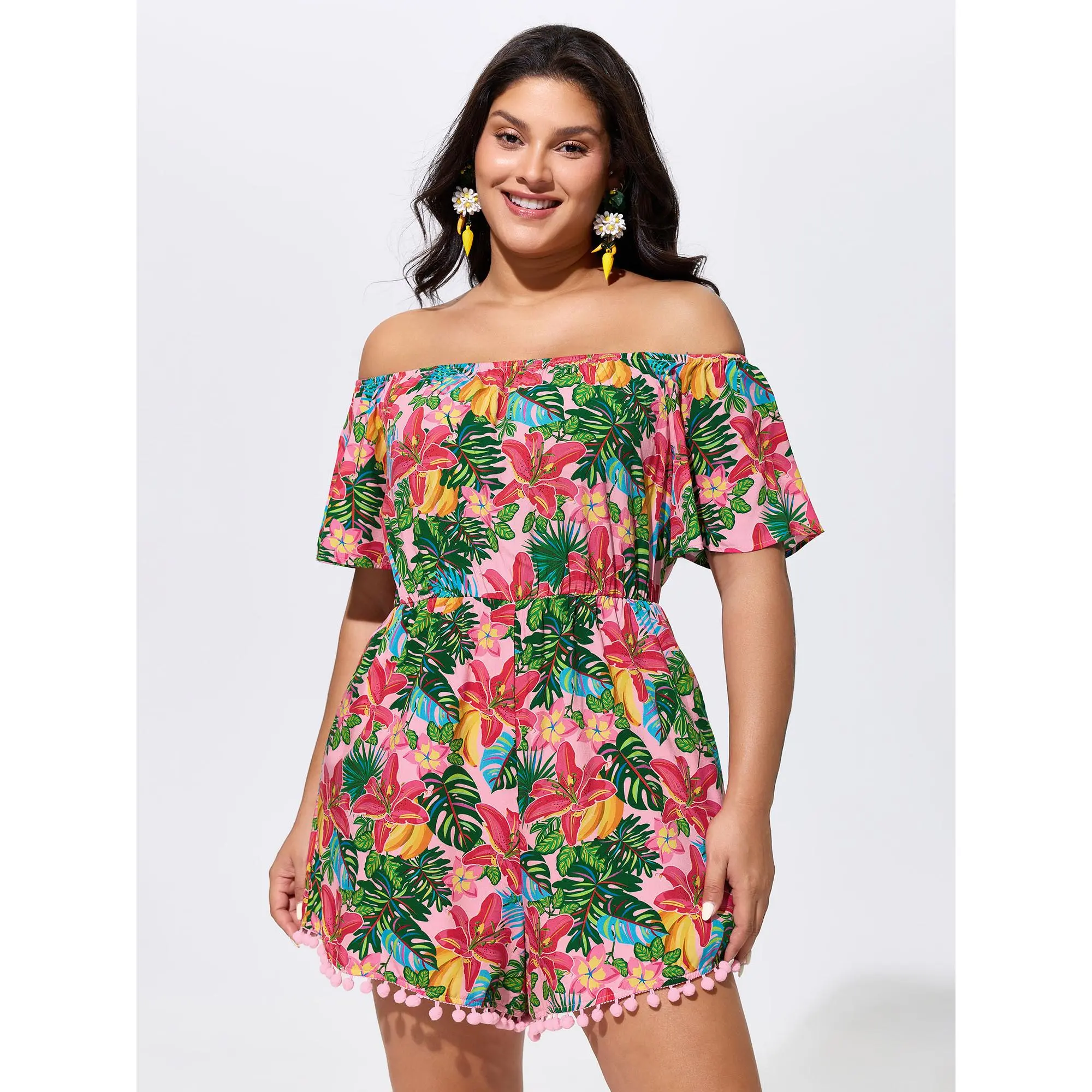 BLOOMCHIC Women's Plus Size Vibrant Floral Print Off-Shoulder Smooth Rayon Overalls - Casual Wear, Low Iron Fabric, Pocket, Fit Sizes M-6X, 2026 Spotlight, Summer Wear, Limited Deals, Curvy Clothing, Overalls Dress, Plus Size Clothes