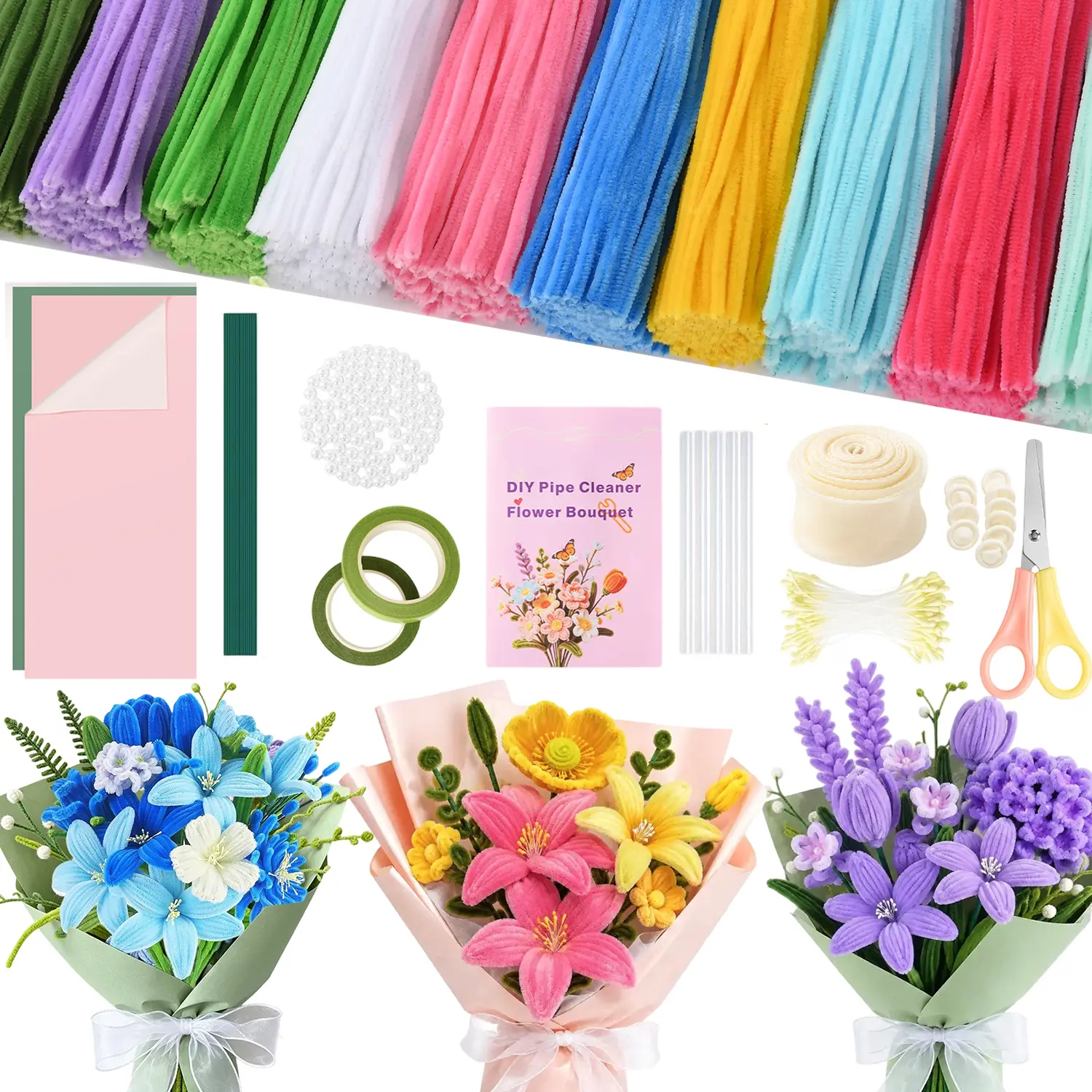 Mega DIY Flower Craft Kit - 800pcs-Pastel/1000pcs-Rainbow Chenille Stem Pipe Cleaners , Glue Sticks Included, Beginner-Friendly Supplies, Artificial Bouquet Making, Home Decor for Adults (Father's Day,Back To School , Party Activities)