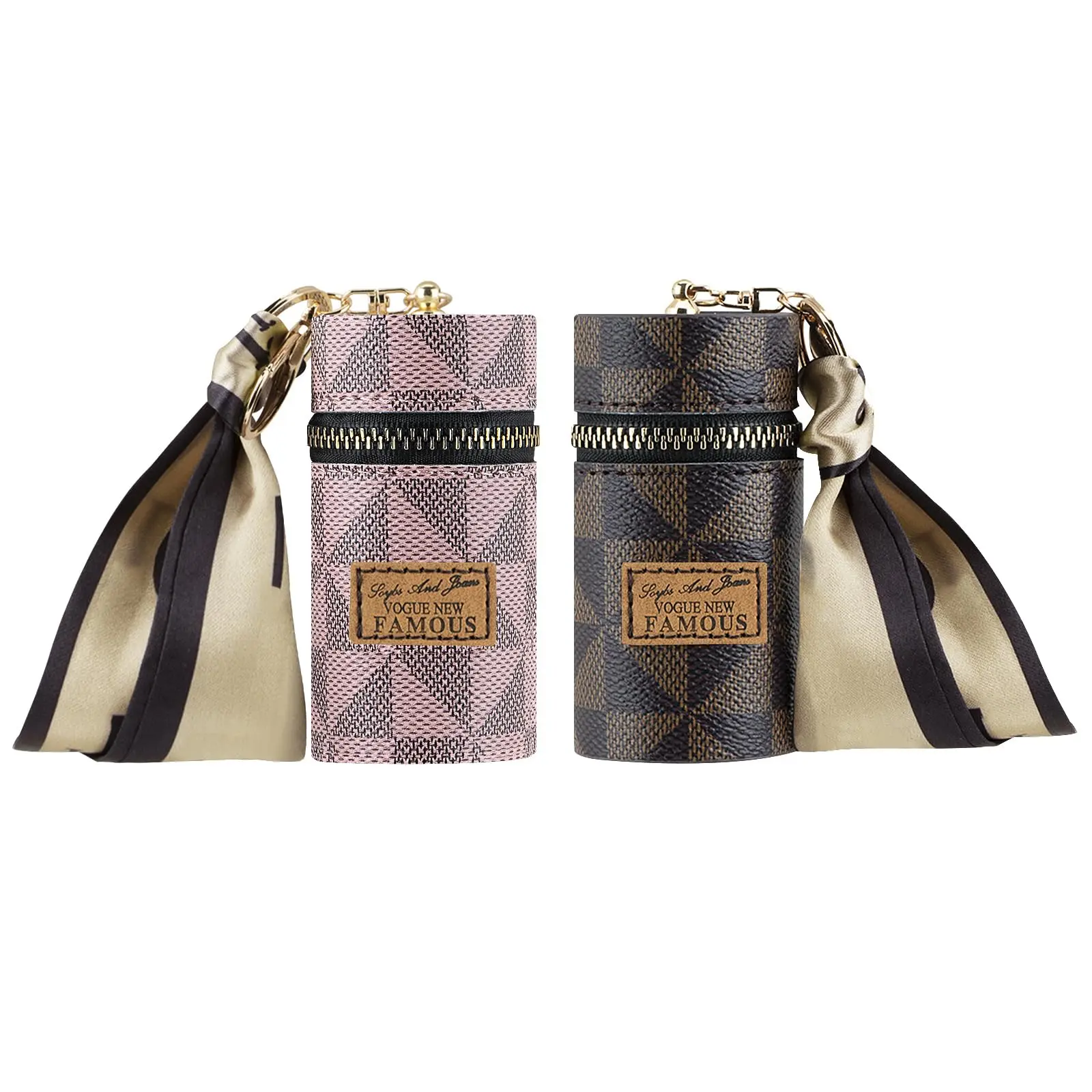 PU Leather Cosmetics Organizer, 2-Piece Mini Handheld Pouch with Keychain and Soft Ribbon, Travel Bag for Lipstick & Lip Gloss, Travel Cosmetic Bags