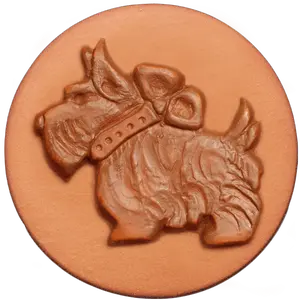 033 Scottie Rycraft 2" round Cookie Stamp with handle and glaze, for decorating cookies, chocolate, fondant as well as paper and clay crafts. Handmade in the USA since 1968.