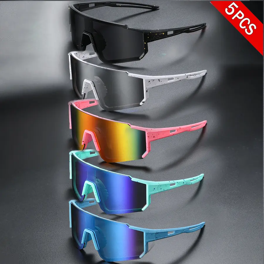 Unisex Wrap Around Athletic Sunglasses 5-Pack - Large-Frame Ink Splash Pattern, Lightweight PC UV400 Lenses, Windproof Ergonomic Sporty Eyewear, Lightweight Sports Shades for Cycling, Hiking