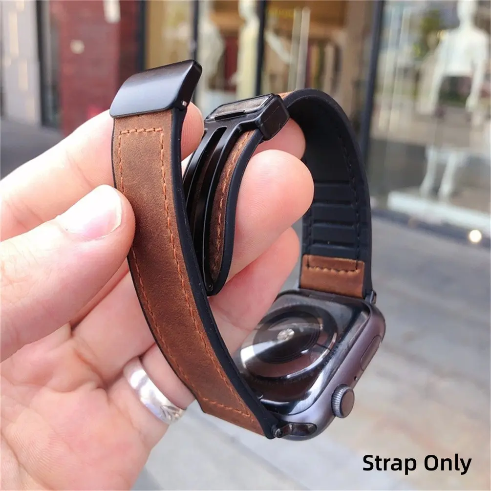 Magnetic silicone leather strap, Smart Watch Straps, Smart Watch Accessories, Smartwatch strap Compatible With iWatch Band 46mm 49mm 45mm Leather+ Silicone Magnetic Buckle Replacement Sports Strap For apple Watch Series Ultra 11 10 9 8 7 6 5 SE