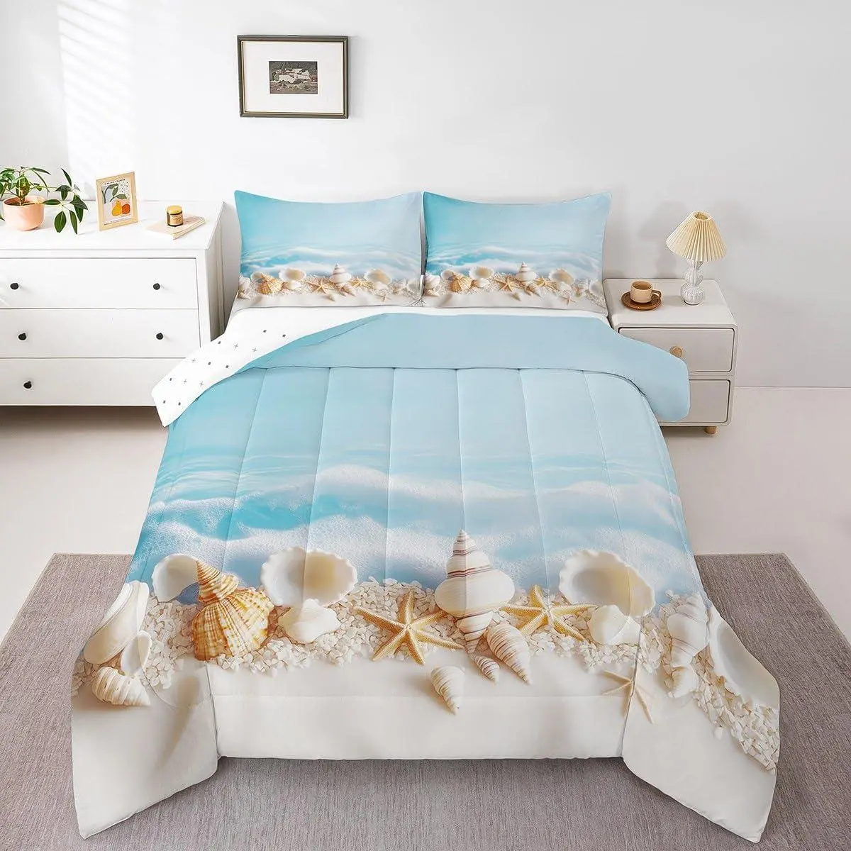 Blue Beach Comforter for Kids Boys Girls White Shell Starfish Print Comforter Set,Ocean Theme Bedding Set,Coastal Bedroom Decor Soft Lightweight Sea Life Quvet Quilt
