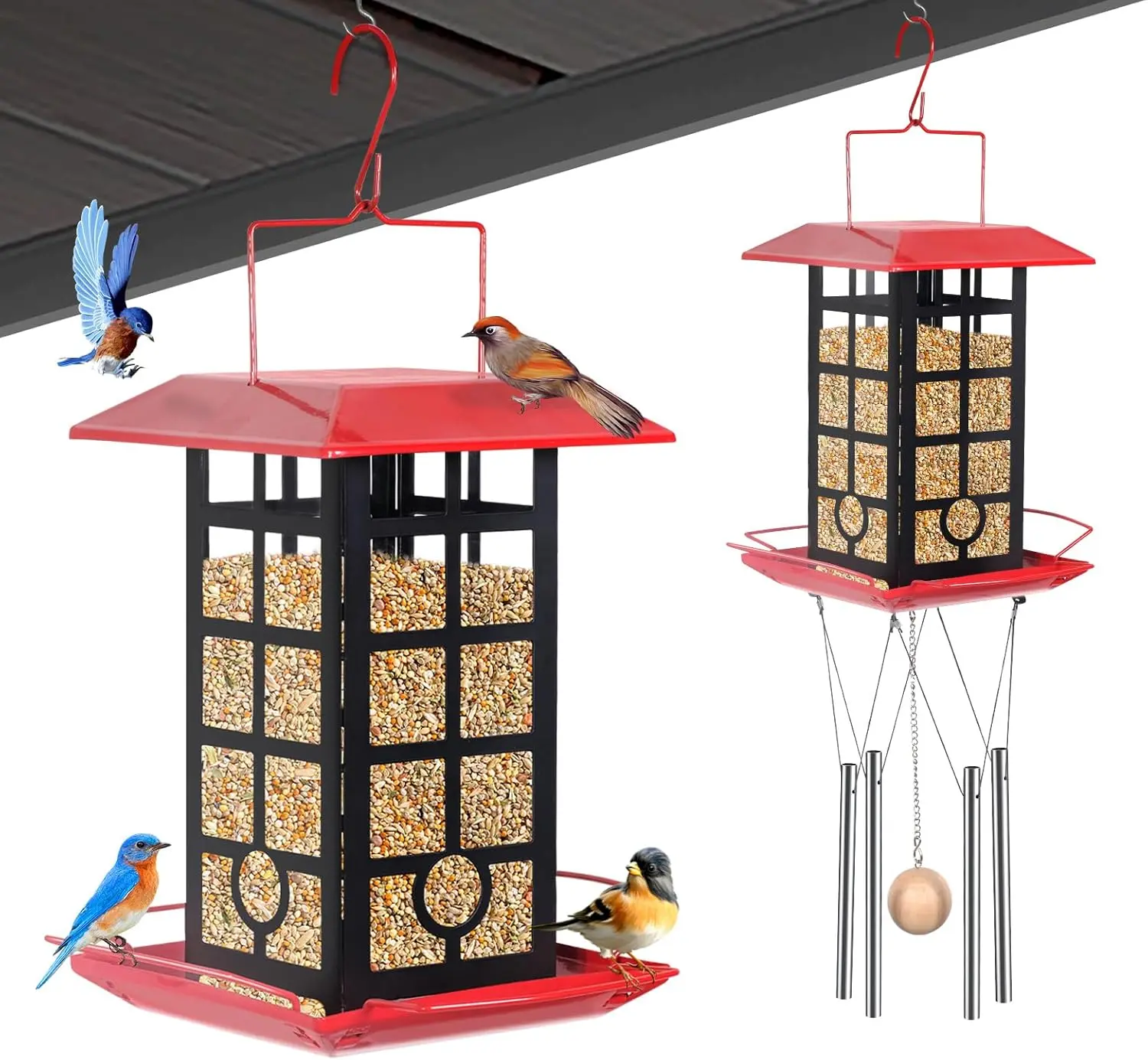 Wildpark Hanging Bird Feeder with Wind Chimes - Large Capacity, Sturdy Weatherproof Metal Feeder for Outdoors, Porch, Attracts Wild Chickadees Goldfinches Cardinals Finches, Ideal for Bird Lovers, Gardeners, Attracts Wild Birds