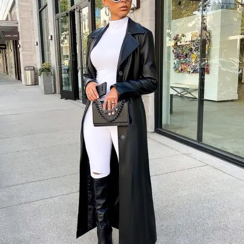 Women's Solid Button Front Longline PU Leather Coat, Casual Long-Sleeve Lapel Neck Outerwear for Fall & Winter, Ladies Clothes for Daily Wear