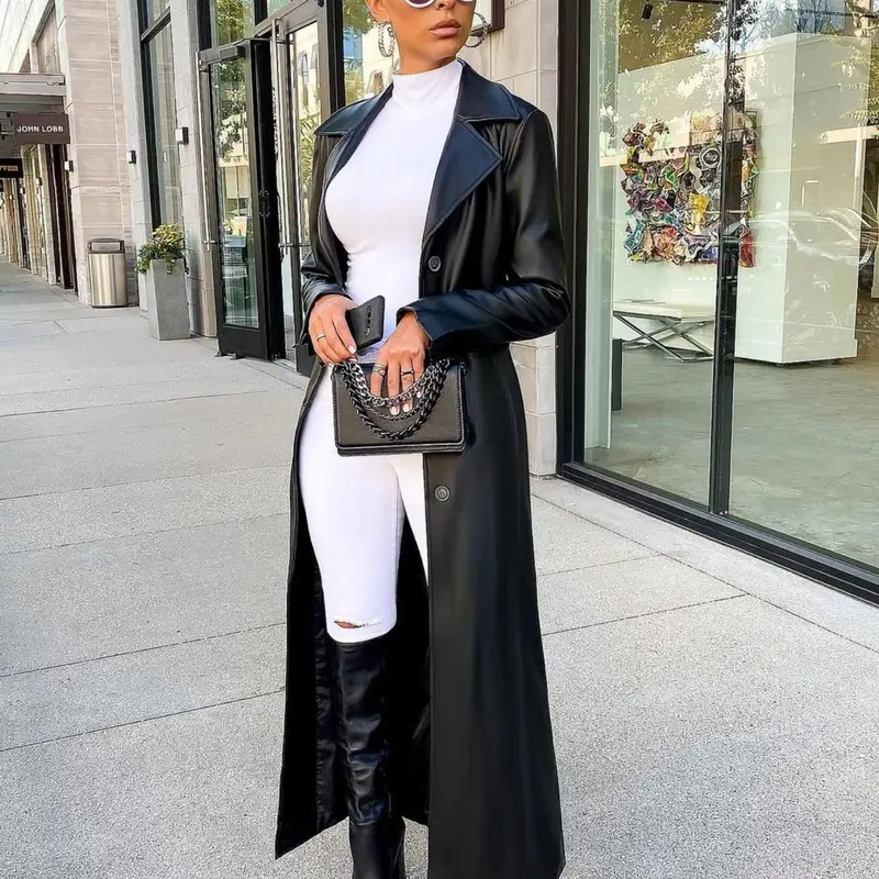 Women's Solid Button Front Longline PU Leather Coat, Casual Long-Sleeve Lapel Neck Outerwear for Fall & Winter, Ladies Clothes for Daily Wear