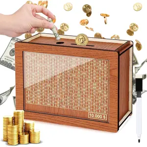 Wooden Money Box Money Bank, Countdown Money Saving Box with 10000 Dollars Target, Money Box with Money Target and Numbers to Check for Boys Girls