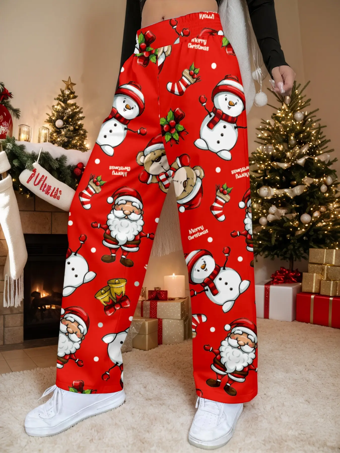 Ladies' Christmas cartoon printed wide-leg pants, casual high-waisted loose-fit long pants, millennium long pants, Christmas clothing, elastic waistband, suitable for all seasons