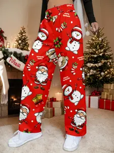 Ladies' Christmas cartoon printed wide-leg pants, casual high-waisted loose-fit long pants, millennium long pants, Christmas clothing, elastic waistband, suitable for all seasons
