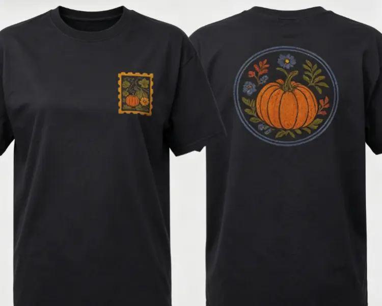 SohoChic Vintage Pumpkin Floral Graphic T-Shirt Front & Back Print Fall Botanical Stamp Design Casual Short Sleeve Tee