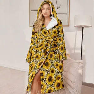Plus Size Bathrobe, Luxury Hooded Robe, Ultra Comfortable Sunflower Pattern, Fleece with Belt and Pockets, Winter Gift