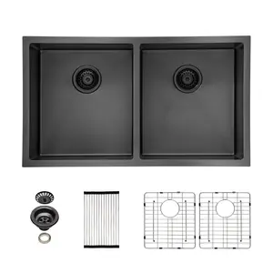 Sarlai 33 x 19 Inch Gunmetal Black Undermount Kitchen Sink 50/50 Double Bowl Undermount Kitchen Sink 16 Gauge Stainless Steel Kitchen Sink