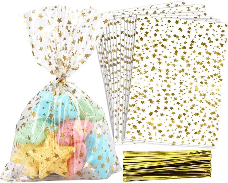 100 Pcs Star Printed 5"X 7" Gift Wrap Cello Cellophane Treat Bags Party Favor bags Clear Candy Cookie Bag Plastic Poly Goodie Storage Bag with Twist Ties for Bakery,Birthday, Wedding ,Party Decorations (Gold)