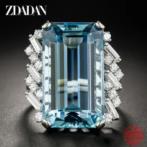 LUXJELWEL - ZDADAN 925 Sterling Silver Charm Square Aquamarine Ring For Women Fashion Wedding Jewelry Gift