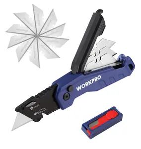 #SpringGlowUp WORKPRO Folding Utility Knife, Quick Change Box Cutter, Razor Knife for Cartons, Cardboard, Boxes, Blade Storage in Aluminum Handle, 13 Extra Blades Included (Blue)