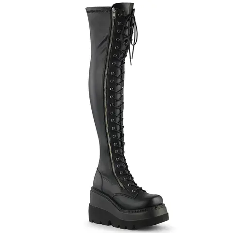 Women's Demonia Shaker-374 Black Lace-Up Vegan Leather Over-the-Knee Footwear, Stylish Lace-Accented Leather Boots for Women's Shoe Collection
