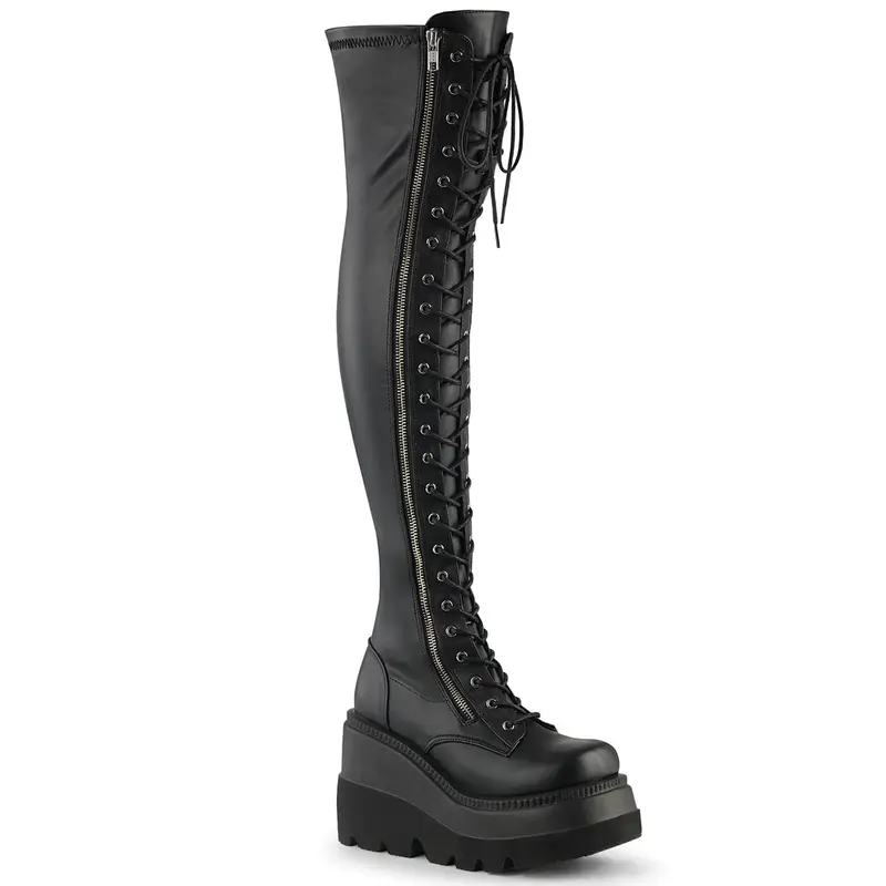 Women's Demonia Shaker-374 Black Lace-Up Vegan Leather Over-the-Knee Footwear, Stylish Lace-Accented Leather Boots for Women's Shoe Collection