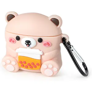 Cute Airpods 4 Case, Boba Tea Bear AirPods 4th Generation (2024) Case Funny 3D Cartoon Animal Heavy Duty Protection PVC Charging Cover with Carabiner for Young studentGirls Boys Women