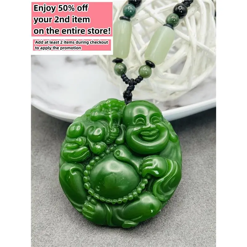 Jade Buddha Charm Pendant Necklace W/ Beads Cord Chain Handmade Carved Gemstone