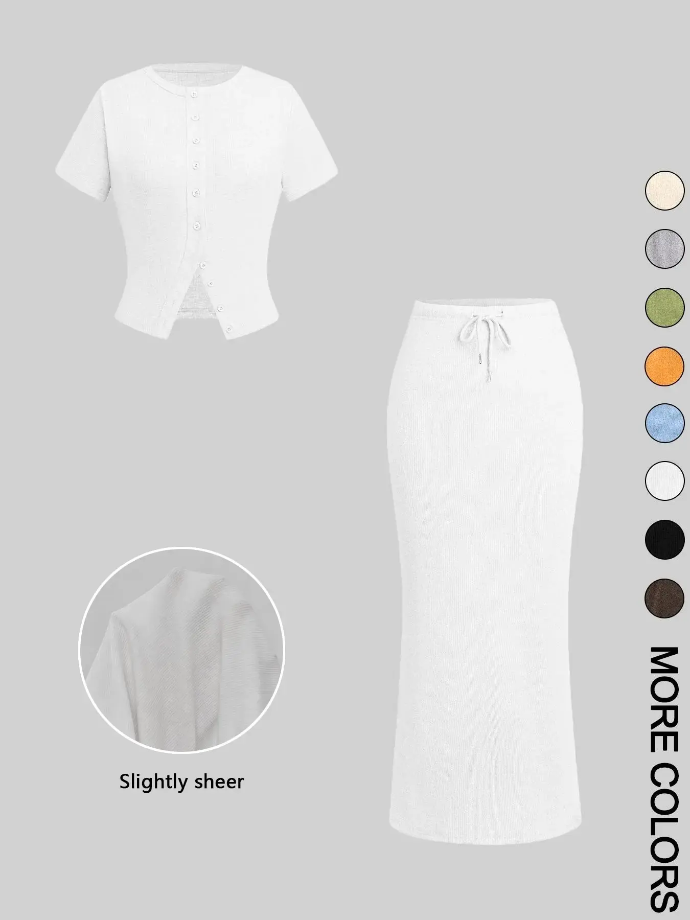Women's Solid Round Neck Button Front Tee & Drawstring Split Hem Skirt Two-piece Set, Casual Basic Short Sleeve Top & Skirt for Everyday Wear, Ladies Two-piece Outfits for All Seasons, Matching Clothing Set Women