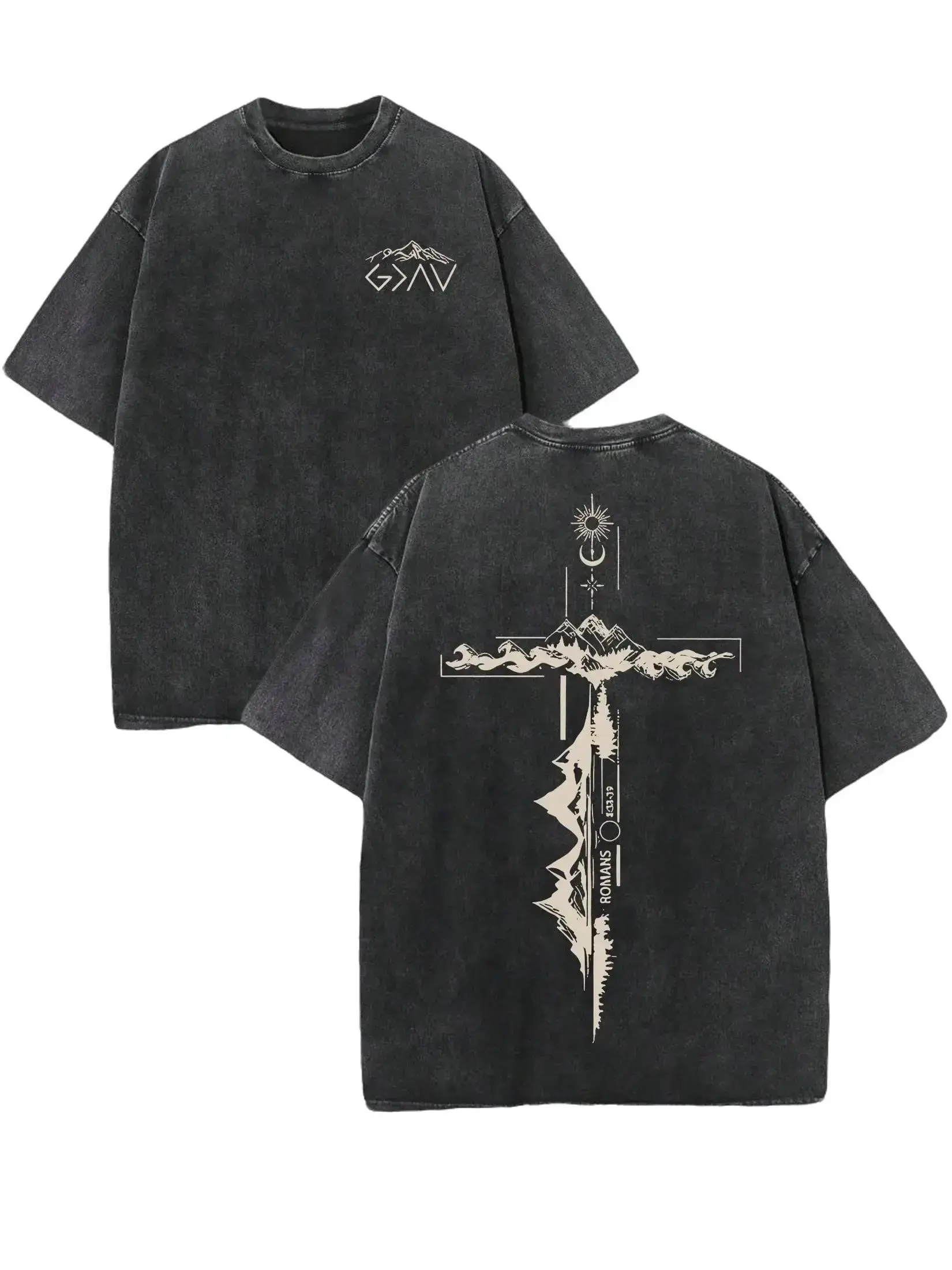 Retro Washed T-Shirt Double Sided Printed 230 Pure Cotton ROMANS God Is Greater Than Our Highs And Lows Christian Gift Men's Casual Comfortable Fashionable Street Style Cotton Short Sleeve washed pure cotton Streetwear Distressed Oversized