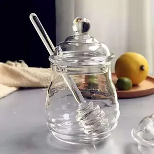 High Borosilicate Transparent Clear Glass Honey Jar, 10.14oz, BPA-Free, with Lid and Dipper, Ideal for Home Kitchen Restaurant Use