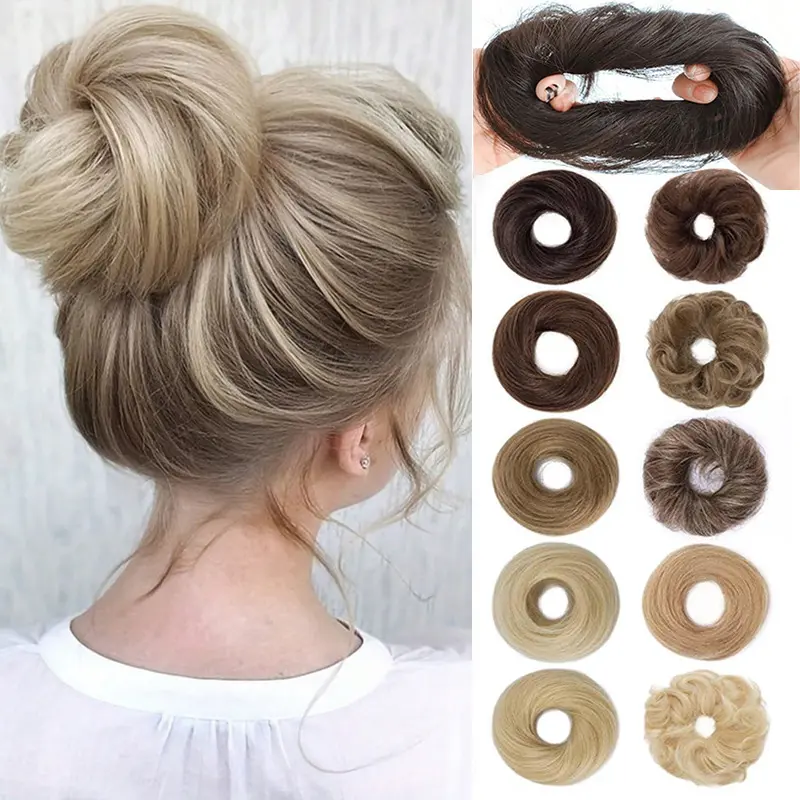 Elastic Rubber Band Synthetic Hair Bun Scrunchie 12 Multi‑Tone Color Options Fluffy Natural Fake Hair Donut Ponytail Holder Easy Wear Lazy Updo Hairstyle Tool Heat‑Resistant Soft Texture Daily Dating Wedding  Party Holiday Hair Accessory for Women Girls