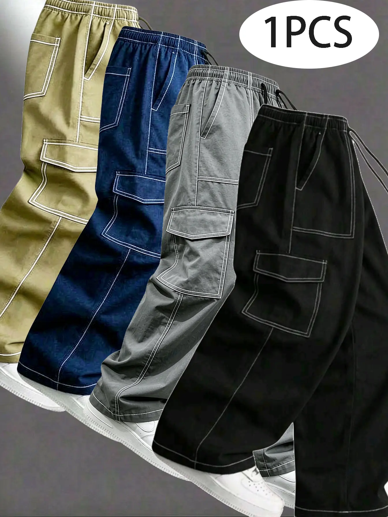 Streetwear cargo pants with multiple pockets—loose, wide-leg fit with a fluid drape and straight cut; functional casual design for young trendsetters; versatile for everyday wear, commuting, and outdoor leisure; floor-length cargo pants.