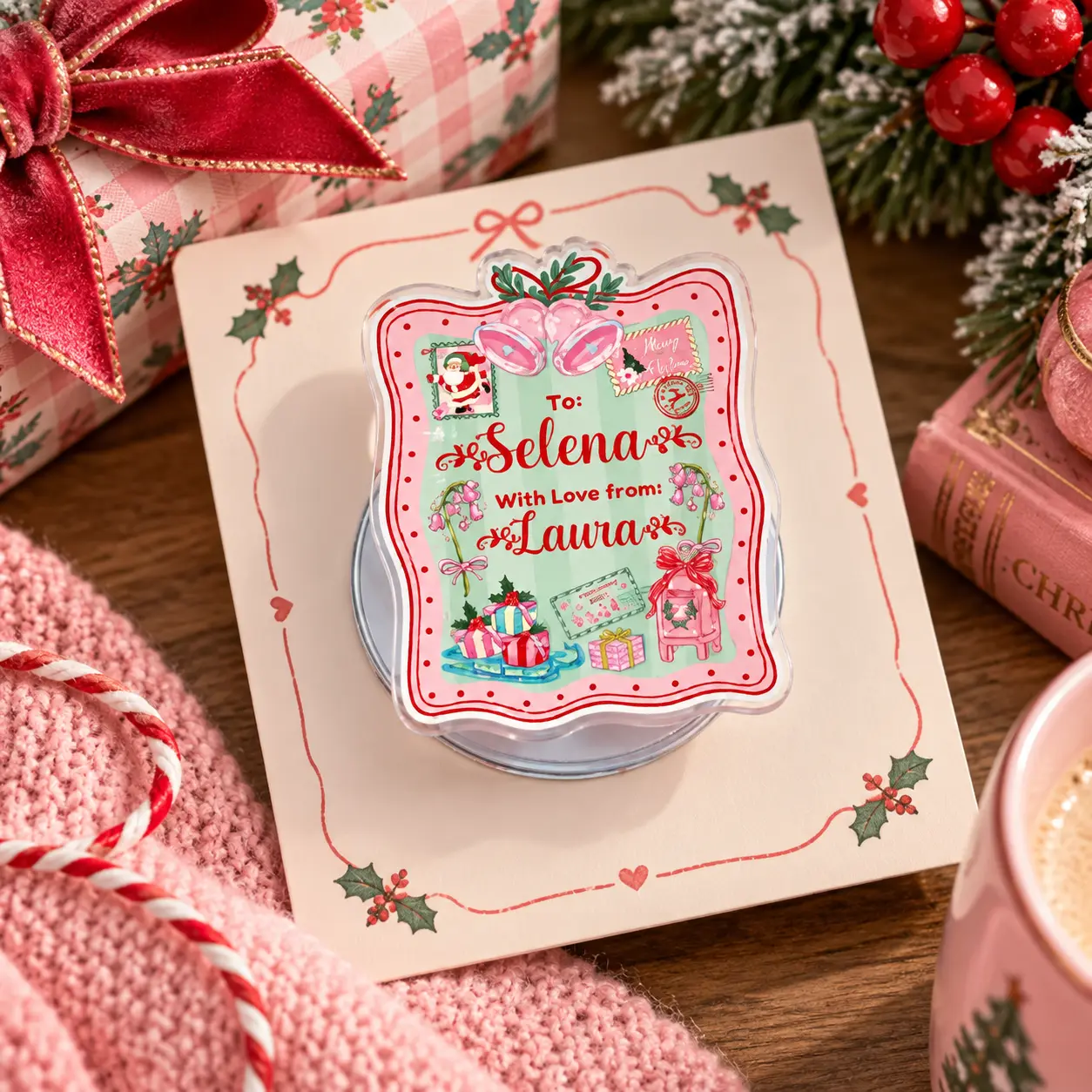 Personalized Christmas Gift Tag Magnetic Phone Grip, Custom Name Pink Bow Acrylic Phone Holder, Vintage Holiday Expandable Phone Stand