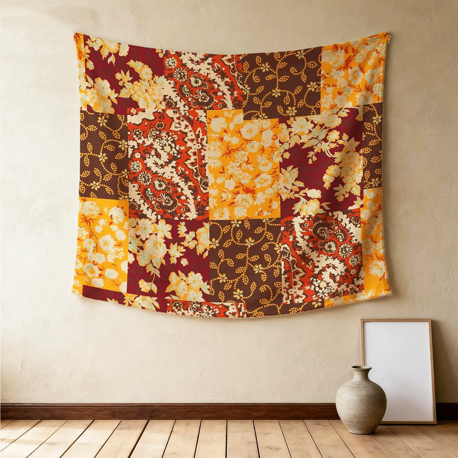Vintage Patchwork Print Wall Tapestry, Distressed Patchwork Design, Natural Drape Highly Decorative, Perfect for Graduation Season Dorm Rental Room Wall Retro Renovation