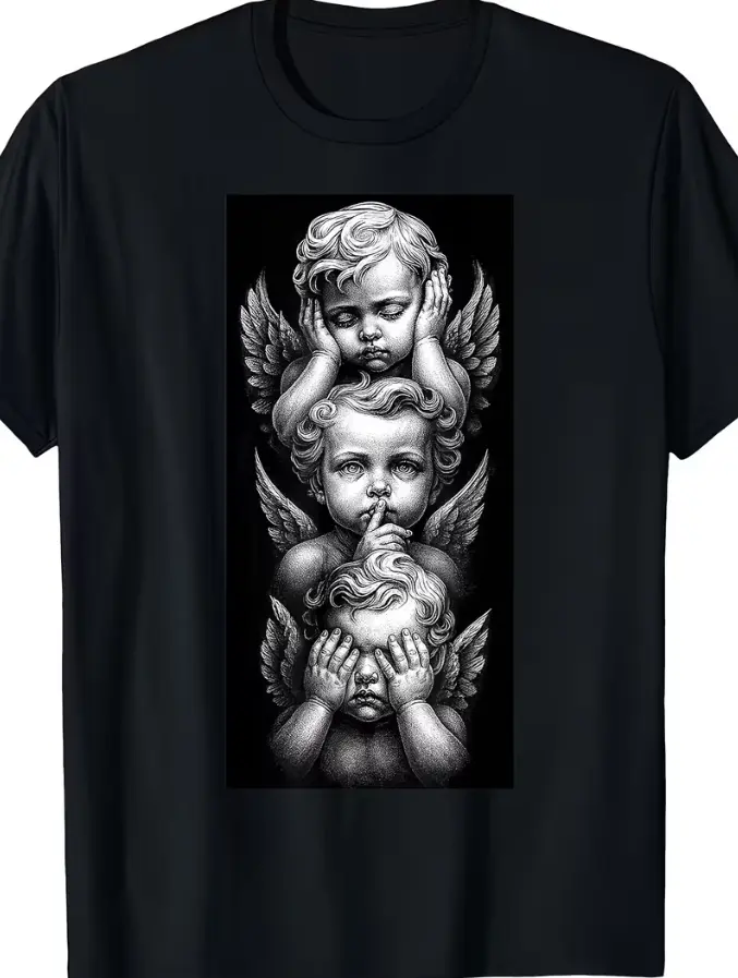 Retro Classic T-Shirt with Blindfold Little Angel & Three-Notch Pattern - Round Neck Casual Top, Machine Washable Suitable for All Seasons, Regular Fit for Year-Round Wear, Versatile for Layering or Everyday Outfits, PLUS SIZE