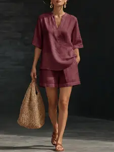 Women's Casual Loose Fit V-Neck Two-Piece Set, Short Sleeve Tops & Shorts, European & American Style, Comfortable Summer