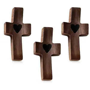 3Pcs Wooden Cross Fidget Encouragement Gift Handcrafted Walnut Pocket Cross Handheld Prayer Stress Relief Christian Faith Gifts Religious Easter Day Gifts