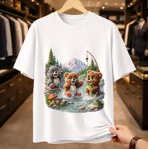 Cute Bear Fishing Adventure Graphic T-Shirt | Retro Nature & Forest Landscape Tee | Premium Cotton Unisex Mountain Lodge Shirt for Men & Women Streetwear Frog