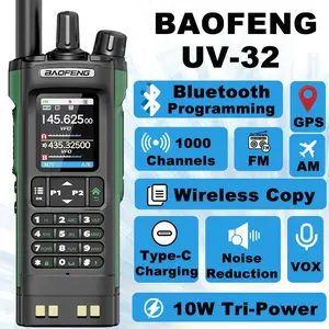 Baofeng UV-32 10W Long Range Walkie Talkie Bluetooth Phone APP Programming Wireless Copy Frequency Rechargeable Handheld Two Way Ham Radio with 771 Telescopic Antenna NOAA GPS APRS Type-C Charging for Outdoor Hunting Hiking