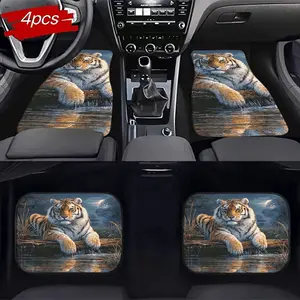 4pc Tiger Pattern Car Floor Mats Set, Durable Non-Slip, Odorless, Suitable for All Vehicle Types, Enhance Interior Cleanliness