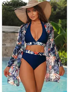 Briza｜Halter Push Up Bikini In Chic Navy Tropical Floral Kimono, High Waisted Bikini Sets And Bathing Suits 2 Piece Set With Swimsuit Cover Up For Women As A Bathing Suit Women Set, Tummy Control Swimwear For Vacation Swimwear For Women