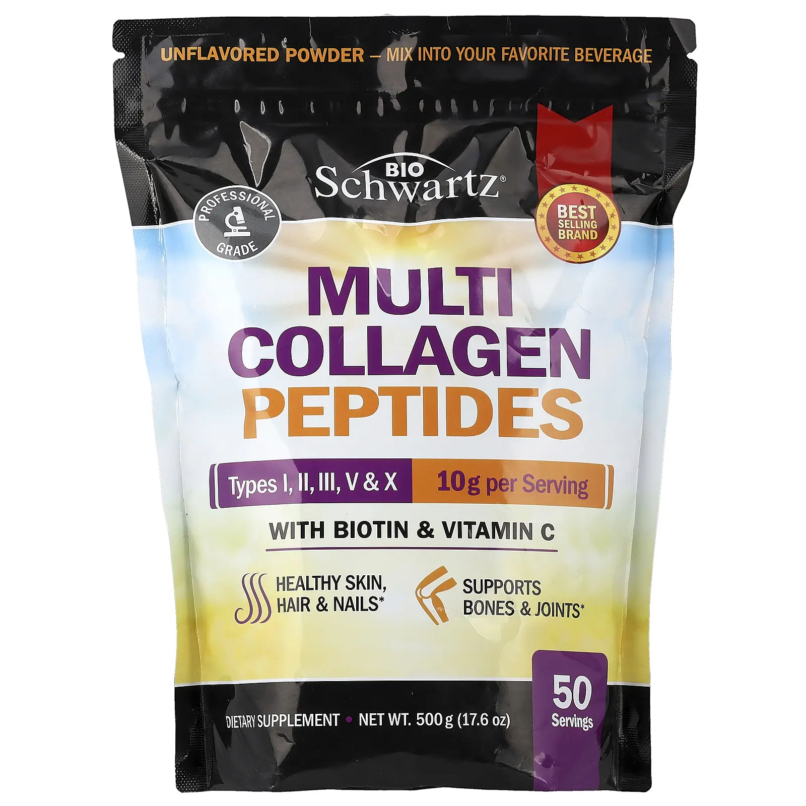 BioSchwartz Multi Collagen Peptides Powder, Types I, II, III, V & X, With Biotin & Vitamin C, Unflavored, 17.6 oz (500 g)