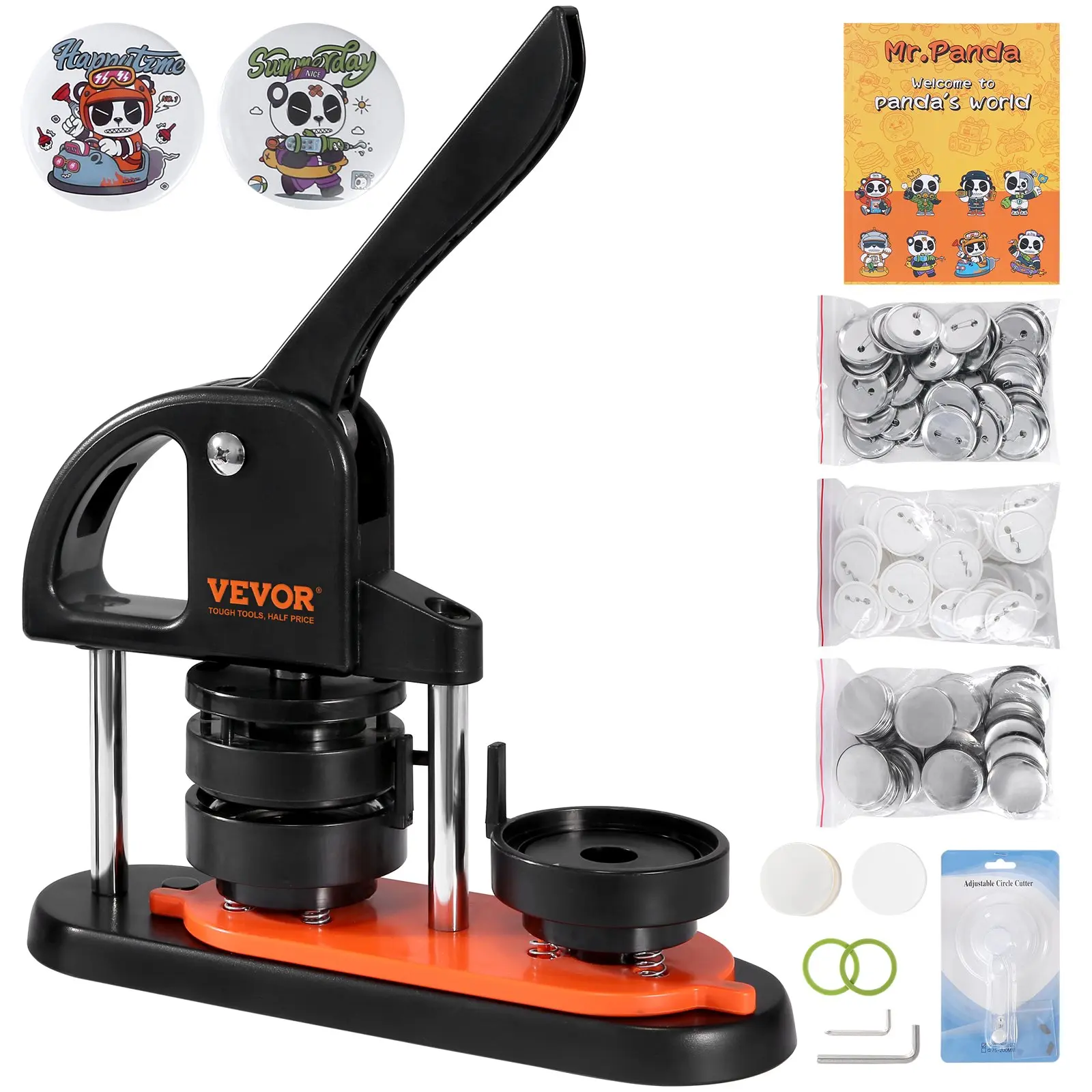 【Summerfinds】VEVOR Badge Maker Machine, 2.28in/58mm Beginner-Friendly Pin Maker with Durable Upgrade, 100 Badge Accessories, Effort-Saving Ergonomic Arc Handle Punch Press Kit, Panda Magic Book, 11.2x3.5x13.6in, Versatile Gift for Children