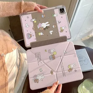 iPad Protective Case for 10.2/10.9/11 Inch, Transparent Anti-Drop, Pen Slot, Full Coverage, Miffy Print, Y-Fold Stand, Hard Shell