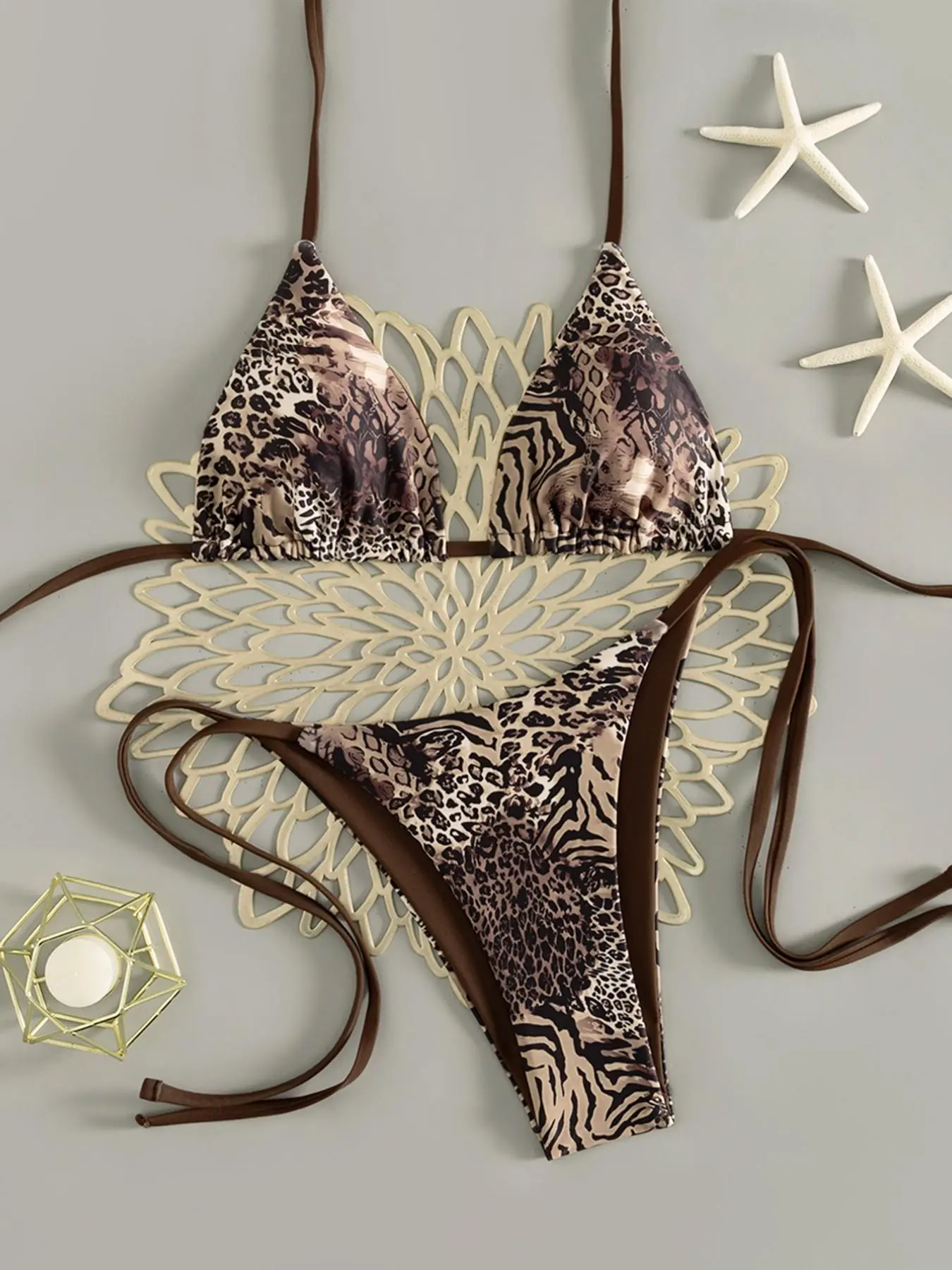 Women's Two-Piece Bikini Set, Fashionable Sexy Animal Print Leopard Drawstring Backless Side Tie Swimwear for Swimming Pool Party Music Festivals, Summer Beach Swimsuit