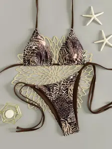 Women's Two-Piece Bikini Set, Fashionable Sexy Animal Print Leopard Drawstring Backless Side Tie Swimwear for Swimming Pool Party Music Festivals