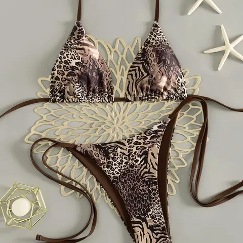 Two-Piece Women's, Bikini Tops And Bottoms, Sexy Animal Print Leopard Drawstring Backless Side Tie Swim Trunks, Perfect for Pool Parties