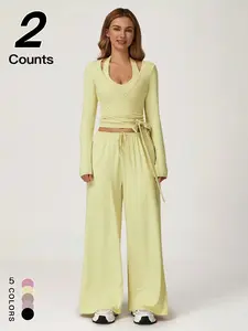 Women's Sporty Quick-Dry Two-Piece Set, Drawstring Long Sleeve V-Neck Top & Draped Wide Leg Pants Set, Daily Outdoor Wear, Ladies Sportswear for Tennis Running, Workout Clothes, All Seasons Tracksuits, Athleisure Wear Set