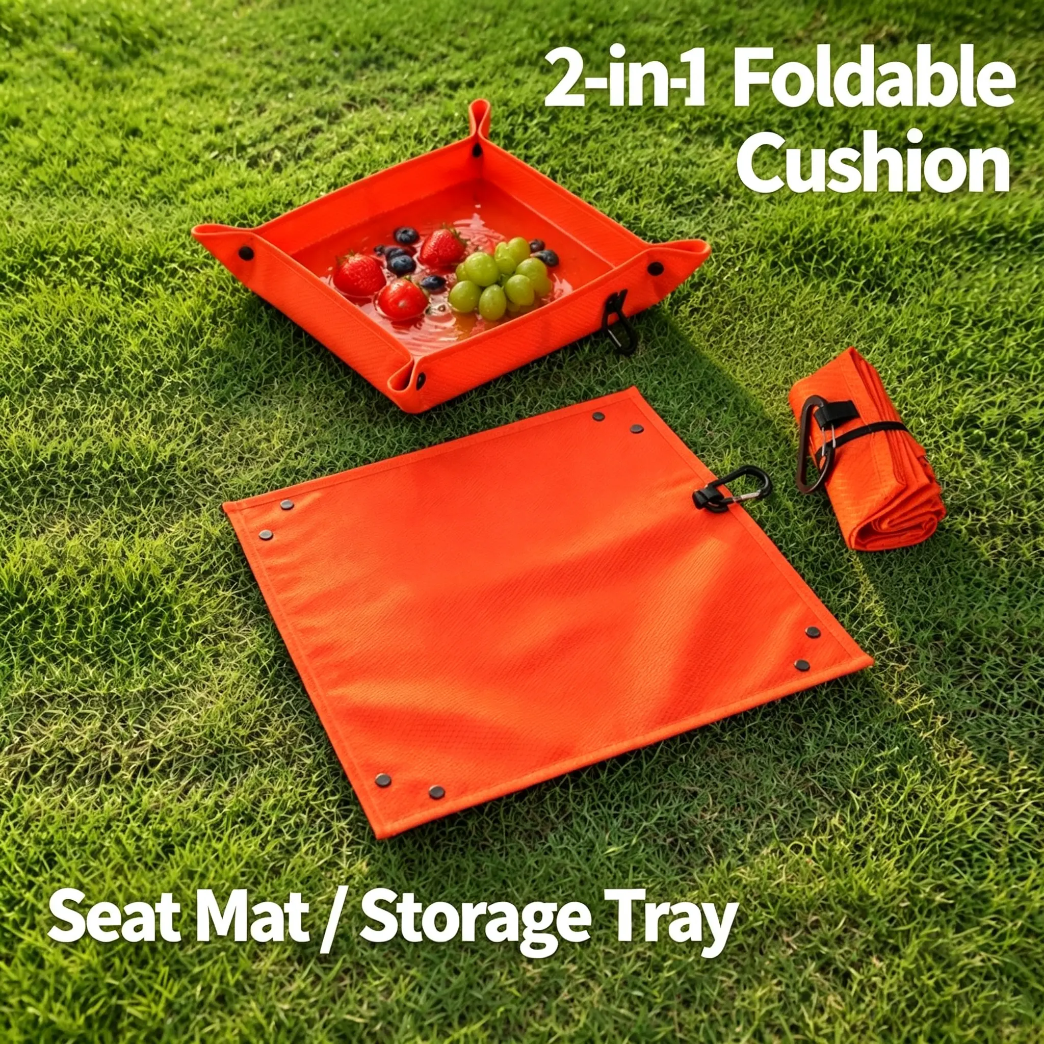 2‑in‑1 Foldable Outdoor Seat Mat, Water‑Resistant Portable Camping Cushion, Multi‑Purpose Storage Tray with Carabiner for Picnic Hiking Fishing