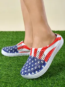 Women's USA Flag Print Breathable Mesh Clogs, Lightweight Non-Slip Quick-Dry Summer Slides, Patriotic Footwear for Independence Day, Beach, Shower, Travel & Outdoor