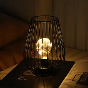 Metal Cordless Lighting Accessories Table Lamp - 8'' Tall Cage Shape Battery Operated Lamp with Warm Fairy Lights Bulb for Indoor/Outdoor Use, Perfect for Christmas, Patio, Garden, and Weddings