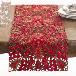 Saro Lifestyle  16 x 54 in. Christmas Tree Cutwork Table Runner, Red
